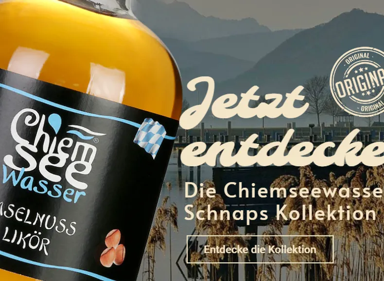 Chiemseewasser Schnaps Haselnuss Geschmack vor Chiemsee & Bergekulisse 