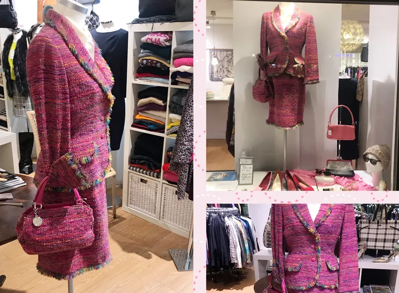 Bildcollage mit Damenkostüm, Handtasche, Schuhe im Geschäft von Second-Hand-Exklusiv in Prien