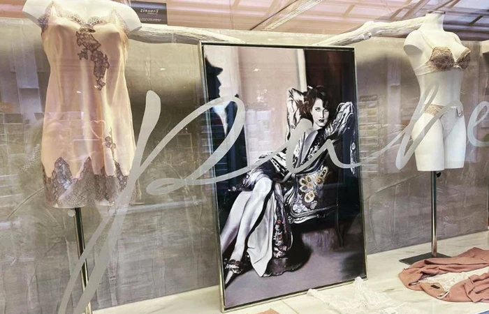 Schaufenster von Pure Wäsche Boutique mit Dessous und ein Gemälde von Ruth Heyn-Hechfellner
