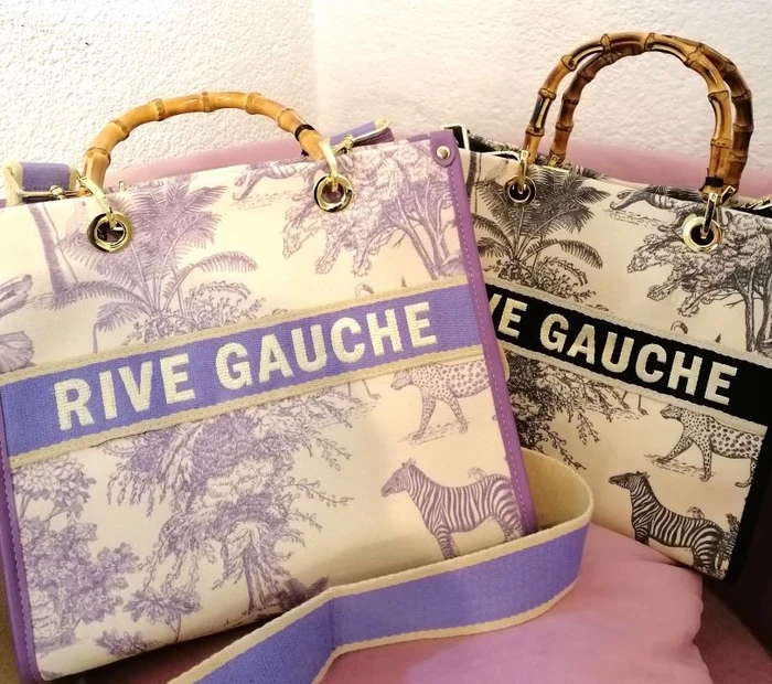 Rive Gauche Shopper wie Dior mit Bambushenkel und Trompe D'Oeil Muster mit Zebras in lila/creme oder schwarz/weiss weitere farben verfügbar