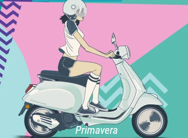 Vespa Primavera Illustration in soften Farben mit Mädel in Kniestrümpfen und mit Helm